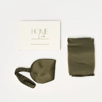 100% pure silk gift set detail, khaki silk pillowcase and mask — Bauhaus bedroom accessories, Auckland