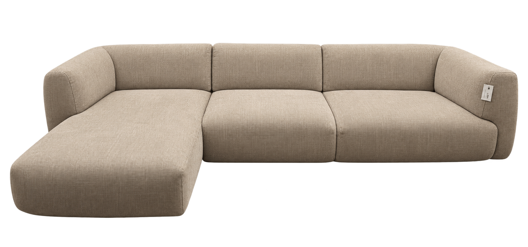 Modular corner sofa with left chaise in oatmeal woven fabric, rounded arms, cut out on grey