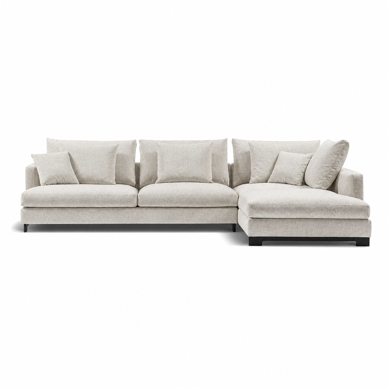 Easytime-Plus L-shape sofa in fabric with deep seats and slim metal legs. Bauhaus L-shape sofas, Auckland.