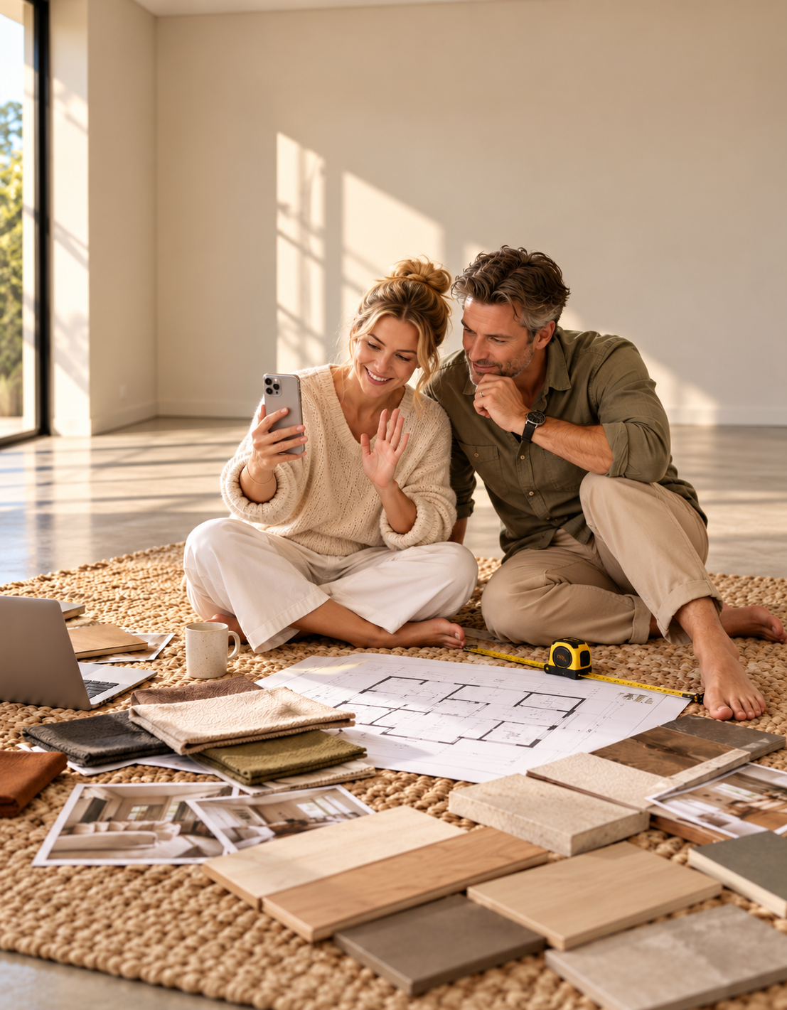 Couple sitting on a jute rug with floor plans, a tape measure and material samples, looking at a phone