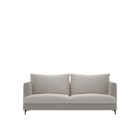 A modern two-seater sofa in a light beige fabric with two matching back cushions and slim black legs, shown against a plain white background.