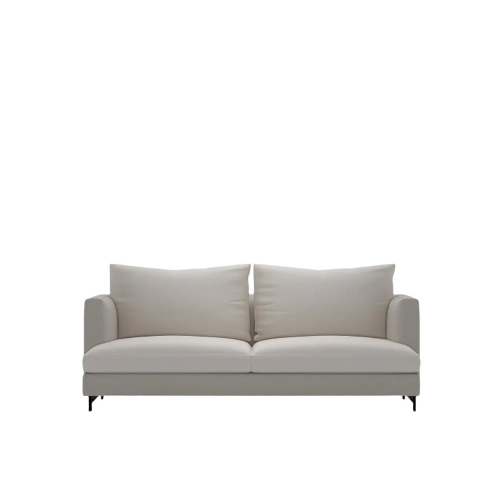 A modern two-seater sofa in a light beige fabric with two matching back cushions and slim black legs, shown against a plain white background.