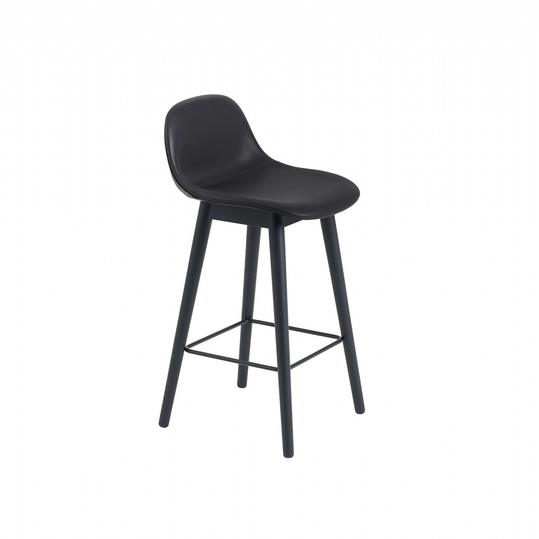 Fiber Counter Stool w.back Wood base 75cm - Leather in black, back view