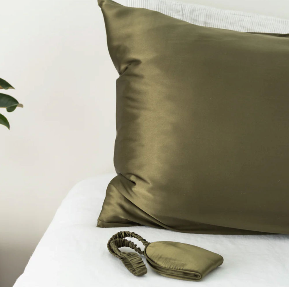 100% pure silk gift set in khaki, pillowcase and sleep mask — Bauhaus bedroom accessories, Auckland
