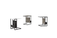 Cleo side tables in three finishes with a slim black frame and a leather sling for magazines