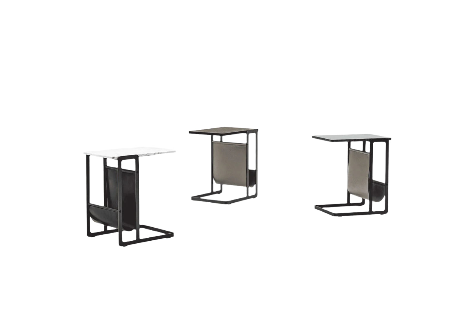 Cleo side tables in three finishes with a slim black frame and a leather sling for magazines
