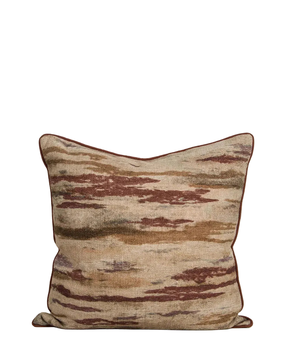Nerida cushion in a woven brushstroke pattern of rust, grey and cream with a piped edge