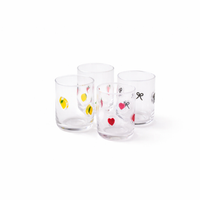 Icon glasses set of four clear tumblers with hand-painted dots, hearts, bows and chillies