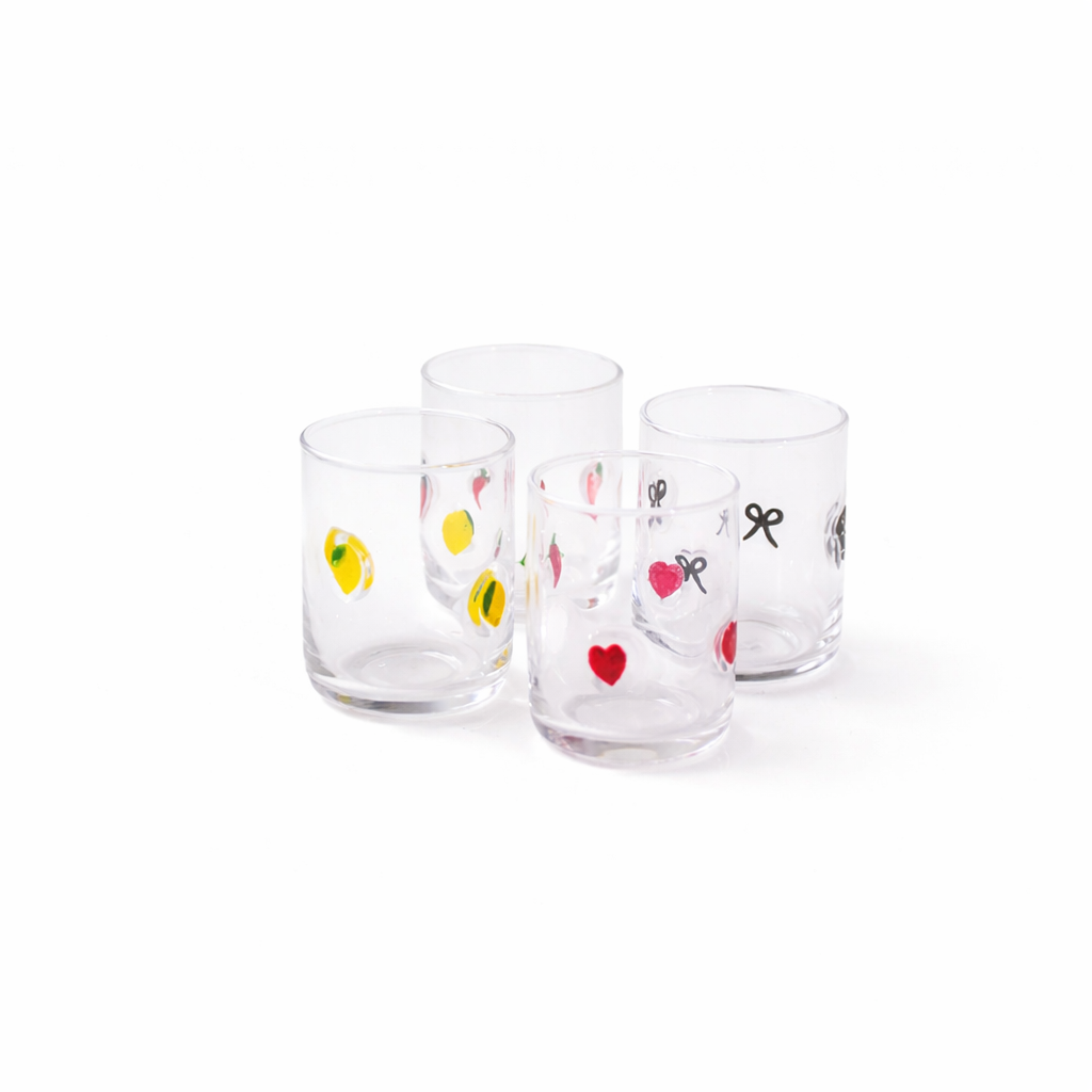 Icon glasses set of four clear tumblers with hand-painted dots, hearts, bows and chillies