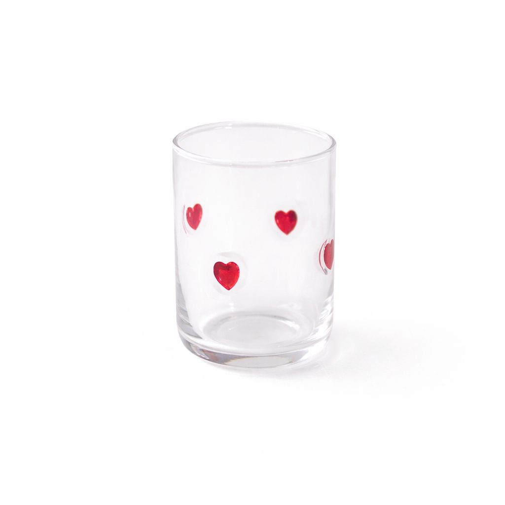 Icon glass, clear tumbler with red hand-painted hearts
