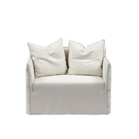 Joe loveseat in white loose cover with two scatter cushions