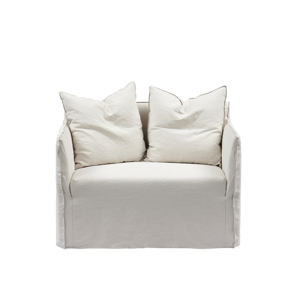 Joe loveseat in white loose cover with two scatter cushions