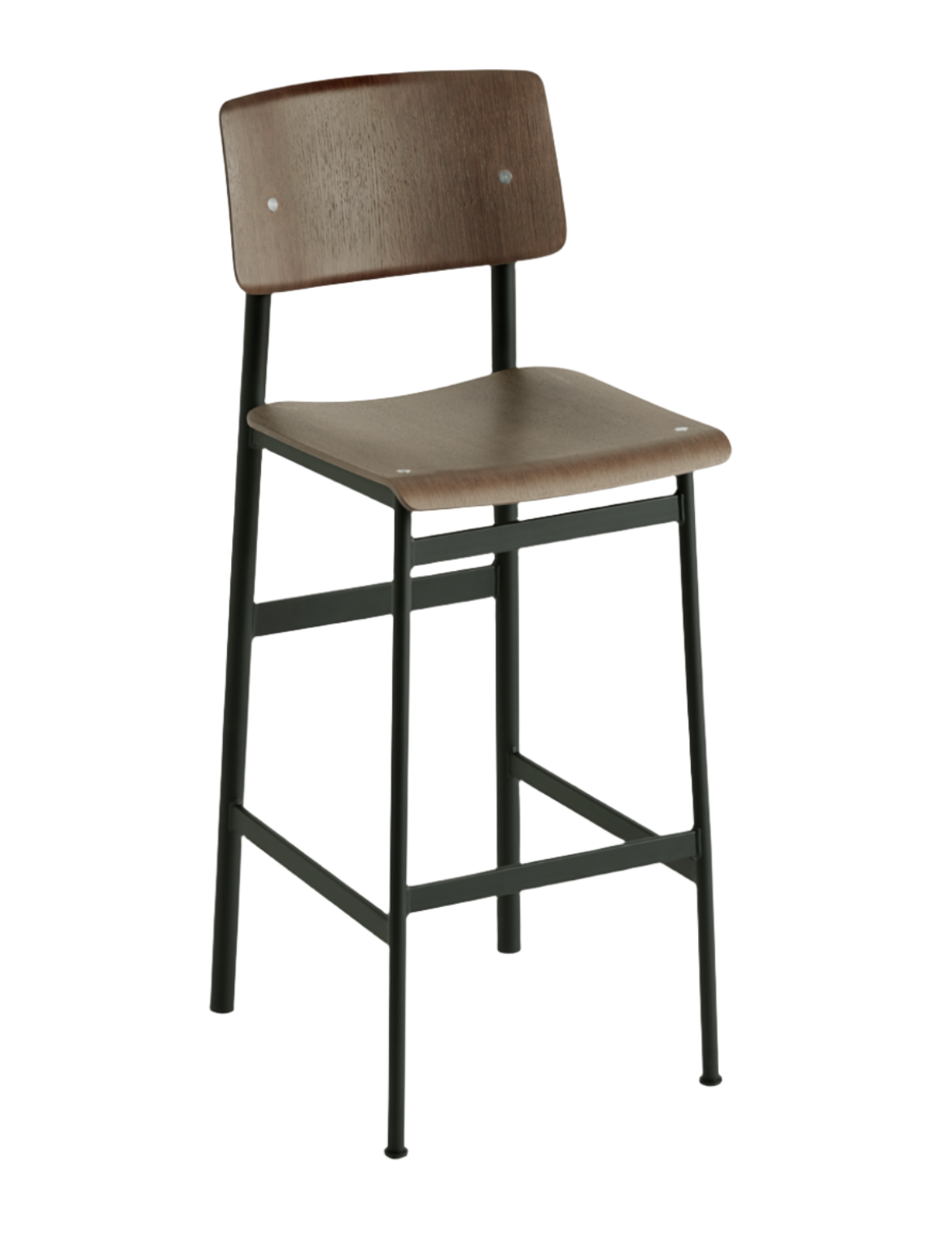 Loft bar stool 65cm with a dark-stained timber seat and backrest on a dark green steel frame