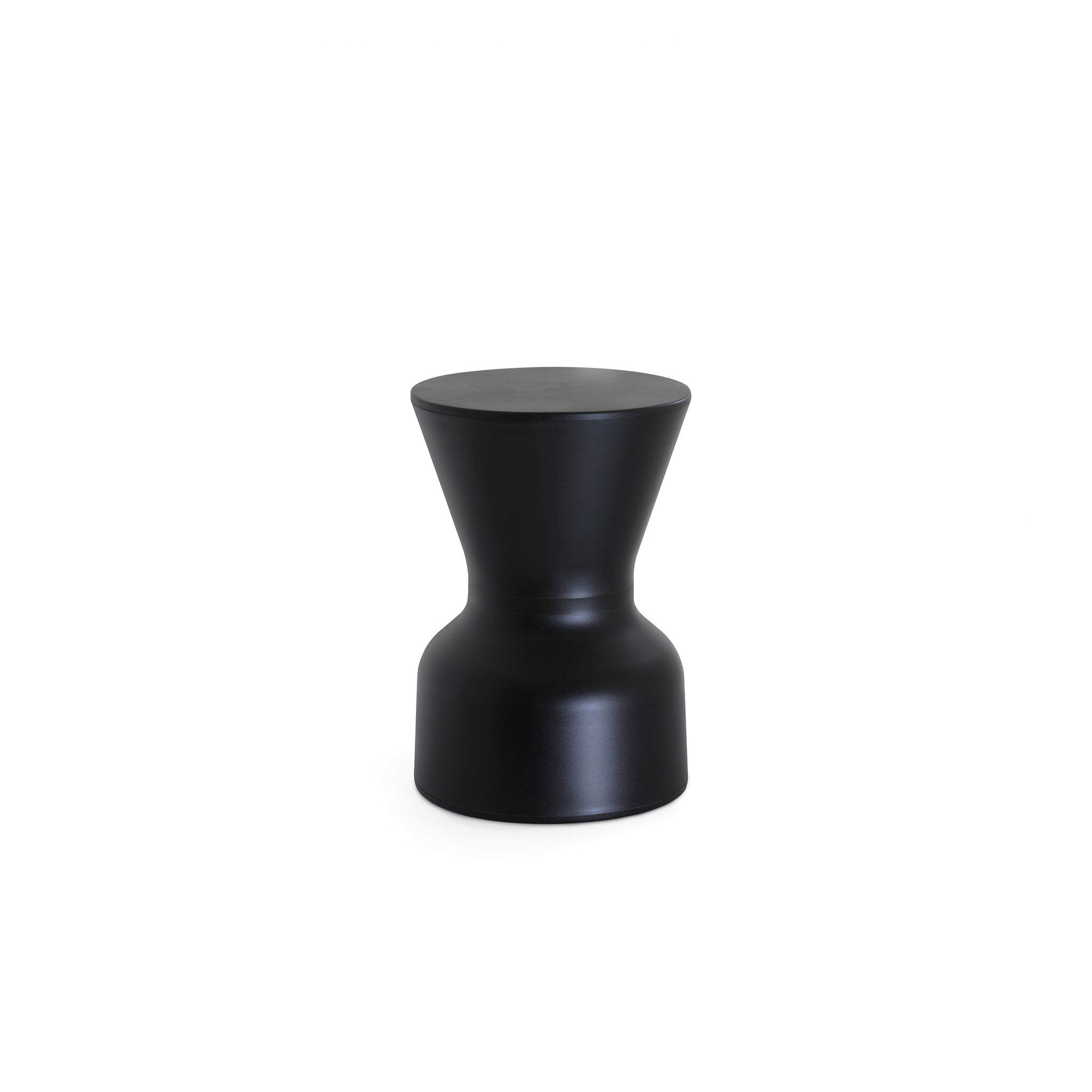 KO stool in black, angled view of the hourglass profile