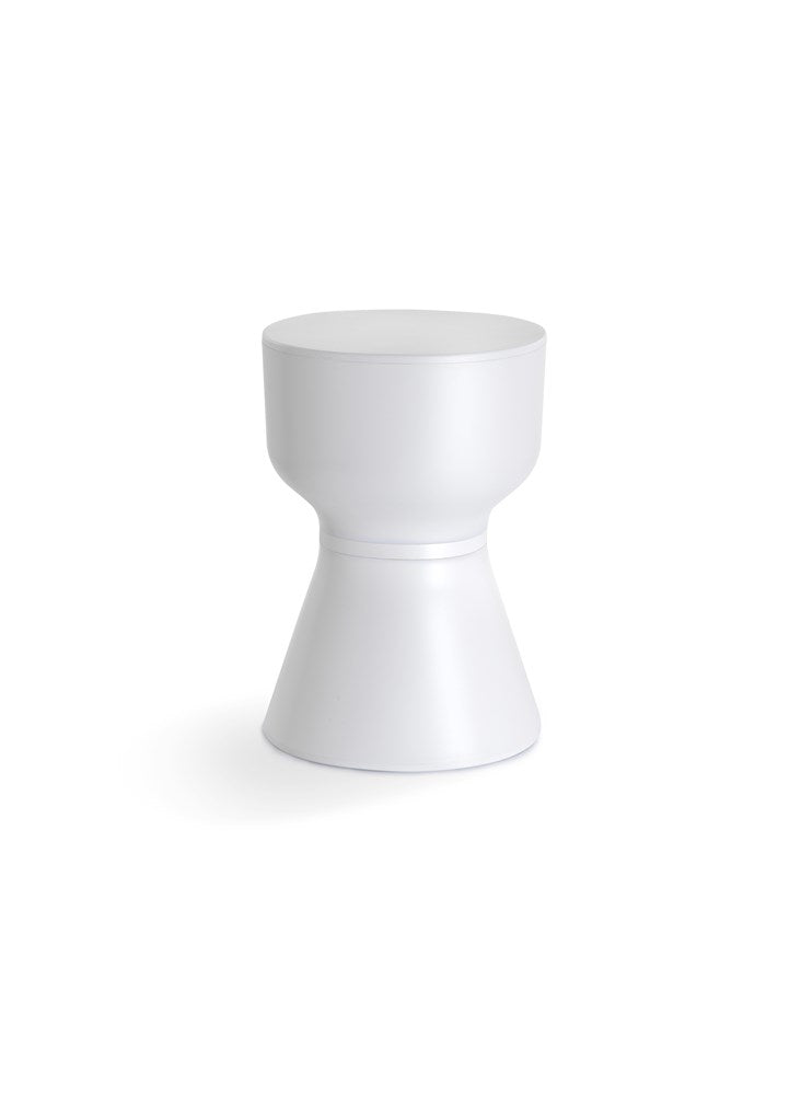 KO stool in white with a tapered hourglass shape