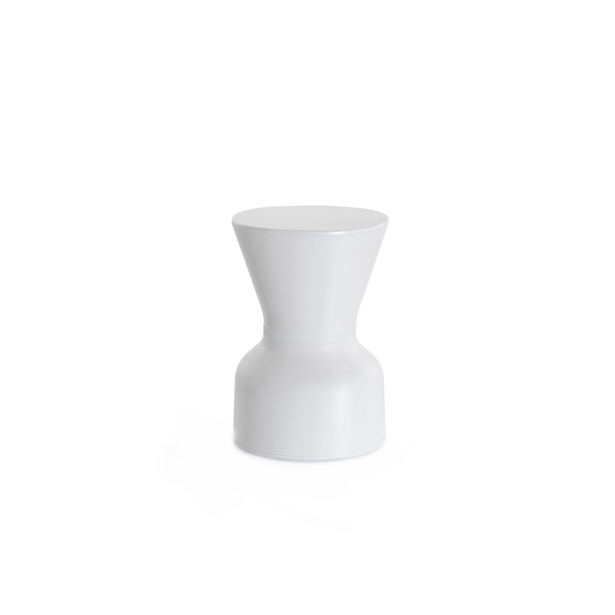 KO stool in white, angled view of the hourglass profile