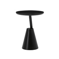 Mate side table in black with a round top and a cone base with an offset stem