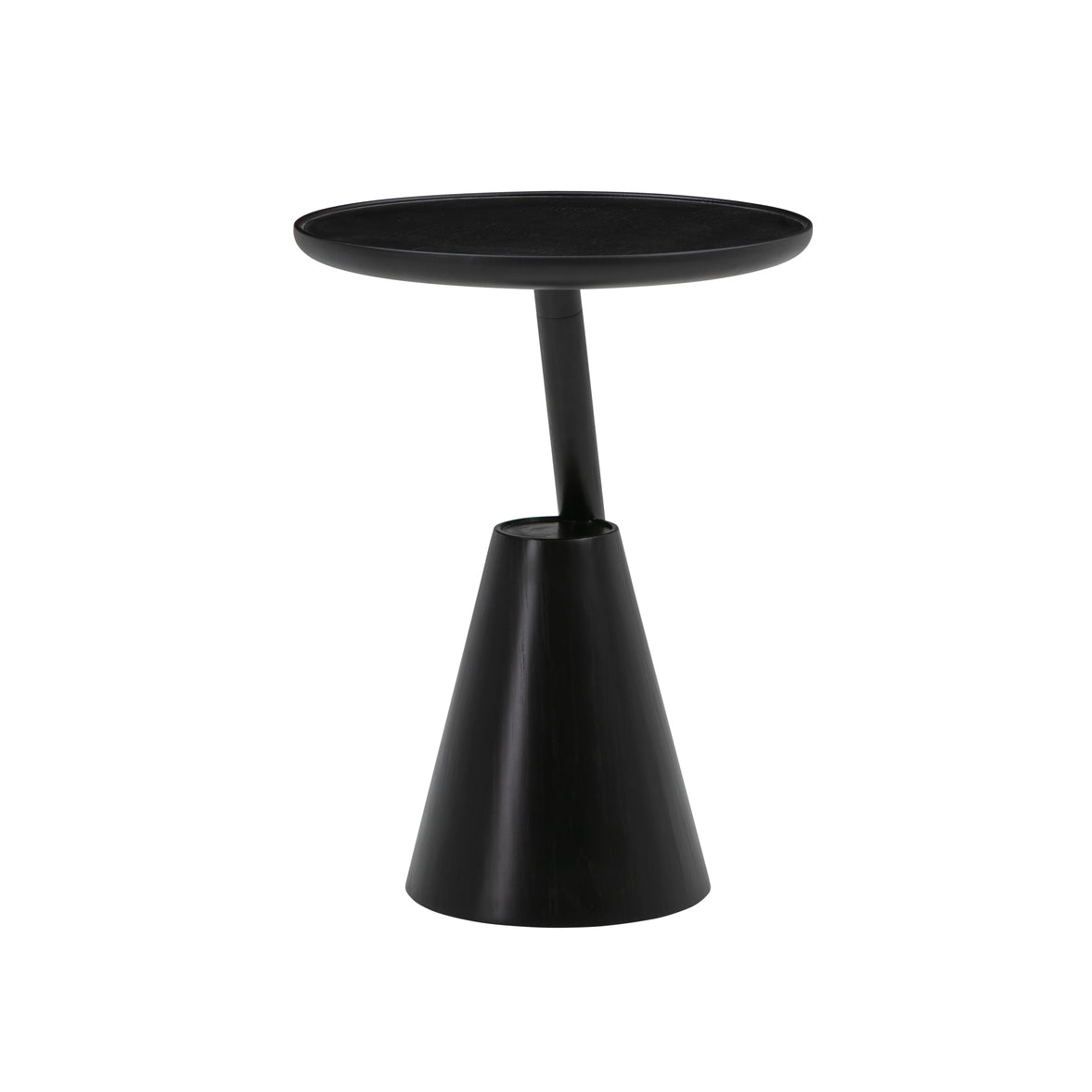 Mate side table in black with a round top and a cone base with an offset stem