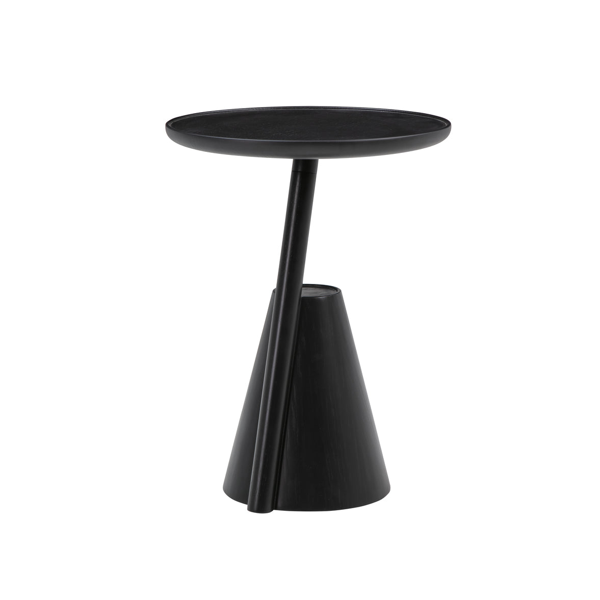 Mate side table in black, angled view of the round top and cone base