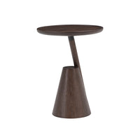 Mate side table in brown-stained timber, angled view of the round top and cone base