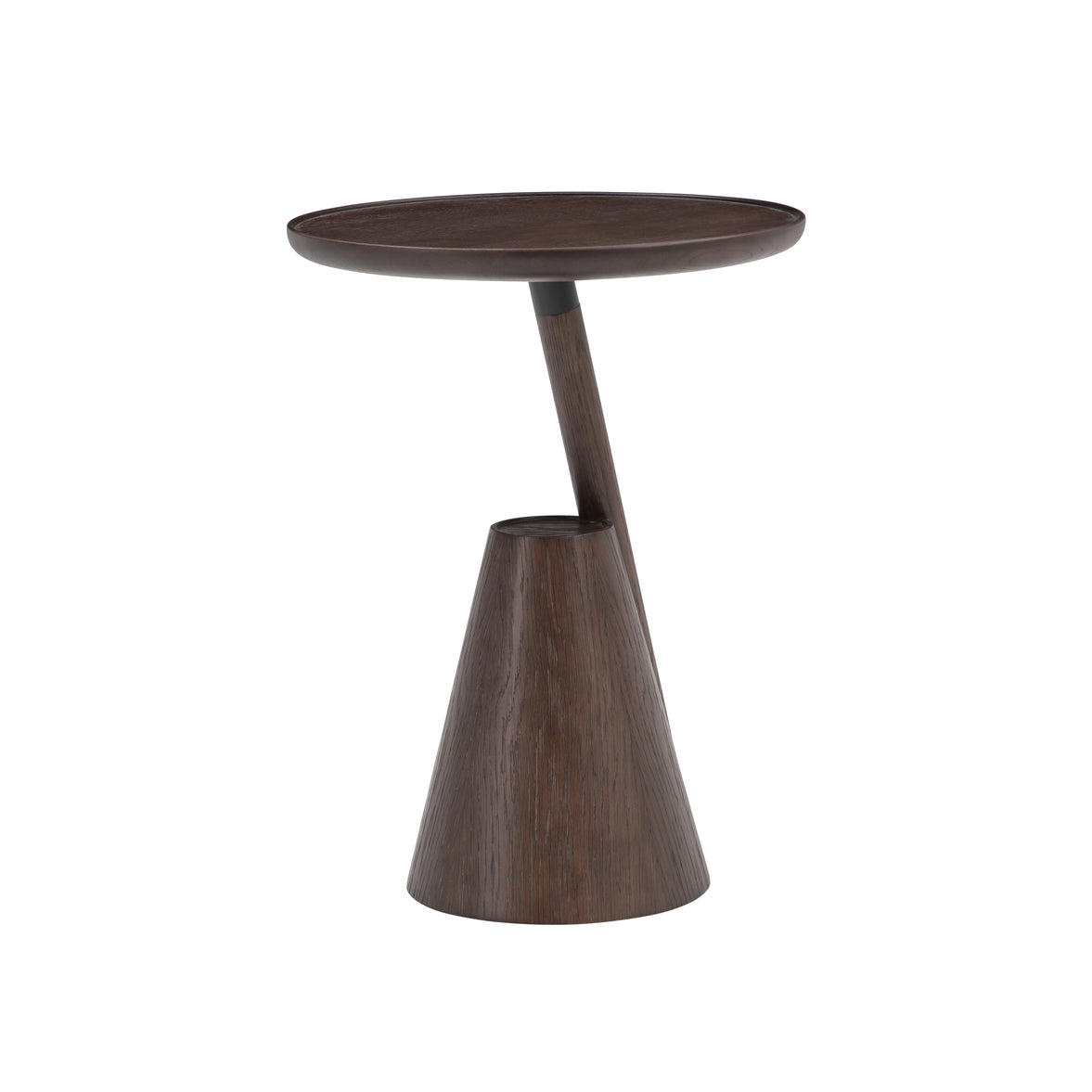Mate side table in brown-stained timber, angled view of the round top and cone base