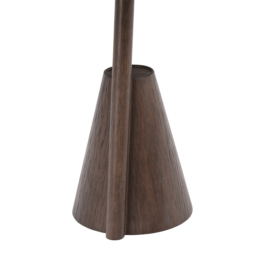 Close view of the Mate side table cone base and stem in brown-stained timber