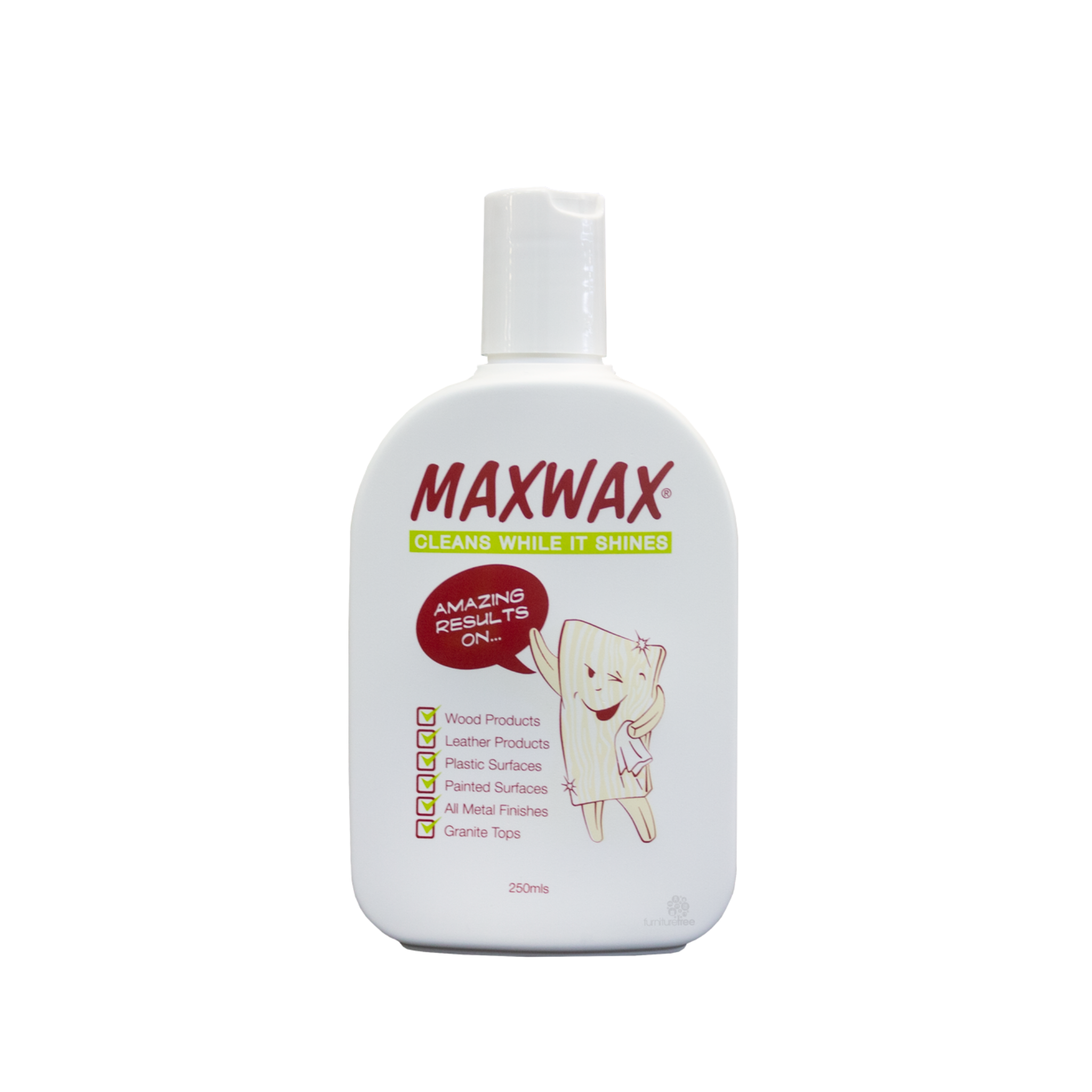 Maxwax furniture wax in a 250ml white bottle with a red label