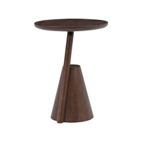 Mate side table in brown-stained timber with a round top and a cone base with an offset stem