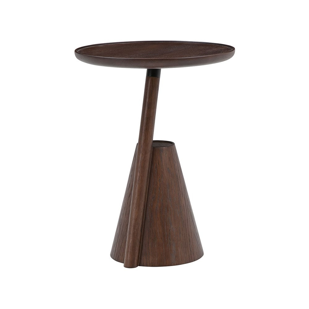 Mate side table in brown-stained timber with a round top and a cone base with an offset stem